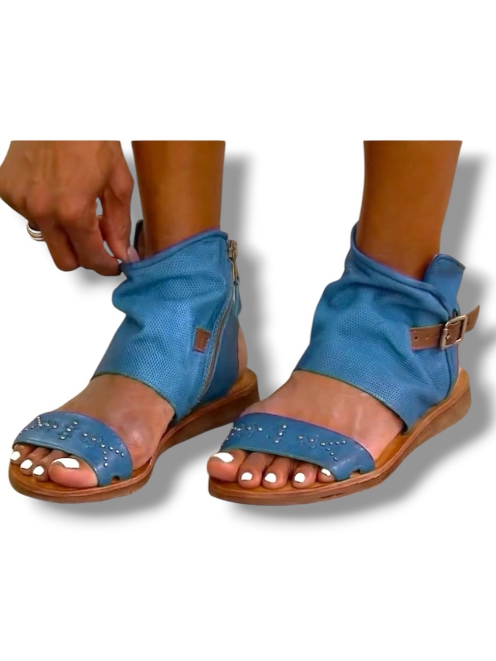 MIZ MOOZ sandals flats FORGE ankle w buckle strap cuff Blue back ZIPPER 42